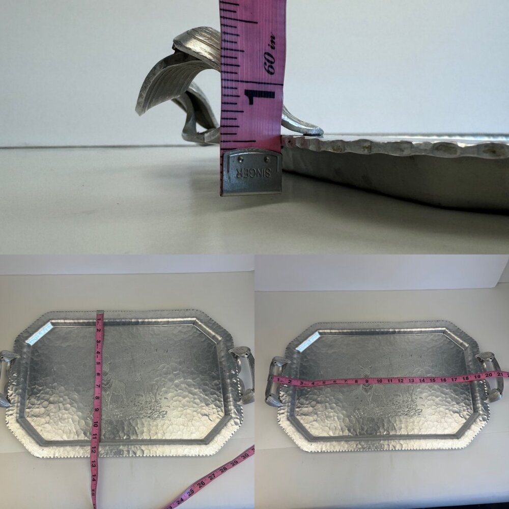 Vtg Deer‎ Geese Trade Continental Hand Wrought Hammered Aluminum Tray w Handles - Picture 3 of 11